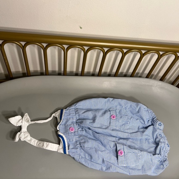 100% cotton Gymboree sailor inspired seersucker Striped romper w/ Pink Button s - Picture 1 of 7